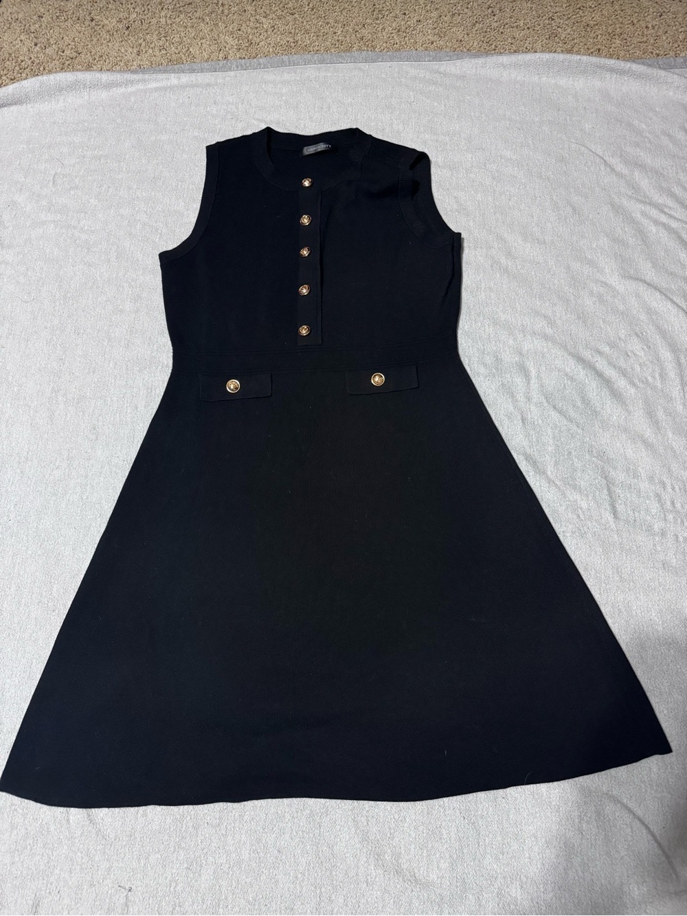 Sleeveless Black Midi Dress with Gold Button Accents